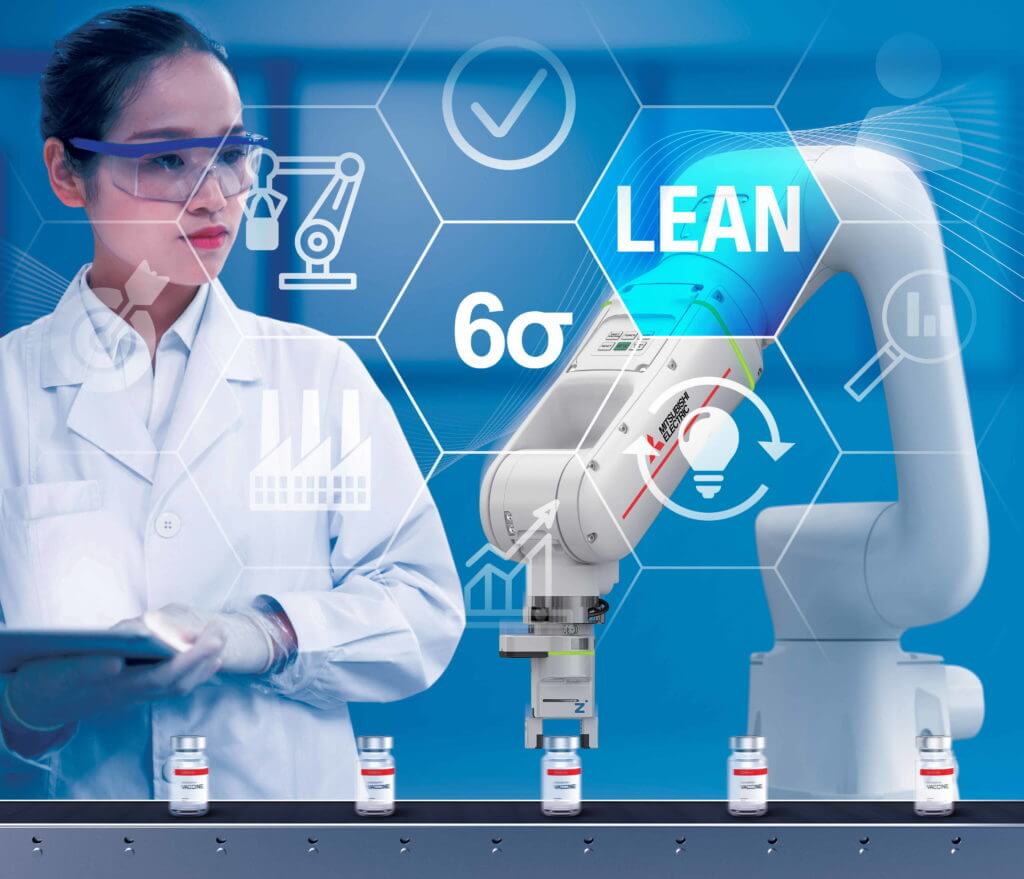 Agile manufacturing in pharmaceuticals - scientist and robot image